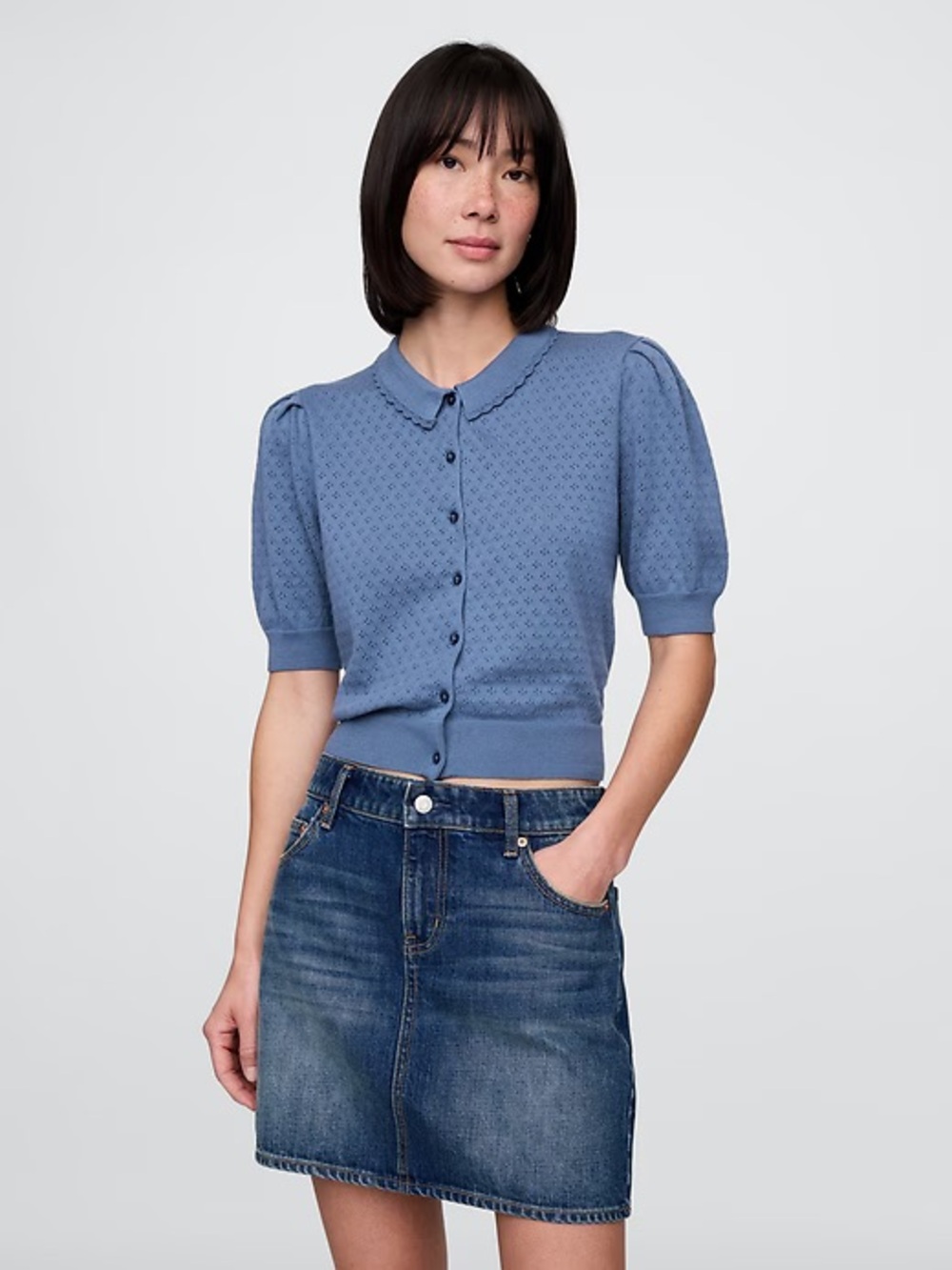 GAP Blue Pointelle Puff-Sleeve Button-Front Top